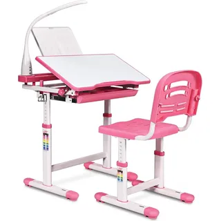 COSTWAY Kinderschreibtisch höhenverstellbar, Schülerschreibtisch mit Lampe und Schublade neigungsverstellbar, Kindertisch mit Stuhl Rosa - Rosa