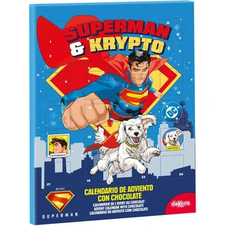 dekora - Superman & Krypto Adventskalender mit Schokolade – 24 Milchschokoladen-Pralinen – 50g – Offizielles DC Lizenzprodukt – Weihnachtskalender für Kinder