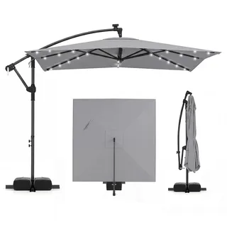 FANTASK Sonnenschirm mit LED-Beleuchtung, 360° drehbar, 250 cm Ampelschirm Rechteckig mit Ständer, Marktschirm mit Kurbel, Terrassenschirm für Garten, Terrasse, Pool (Grau)