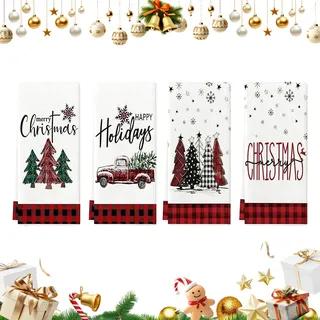 MOAZIFI 4 Stück 40x60 cm Geschirrtücher Weihnachten, Weihnachtengeschirrtücher, Saugfähig und Schnell Trocknende, Truck Weihnachtsbäume Geschirrtücher Weihnachten Küchenhandtücher Geschirrspüler