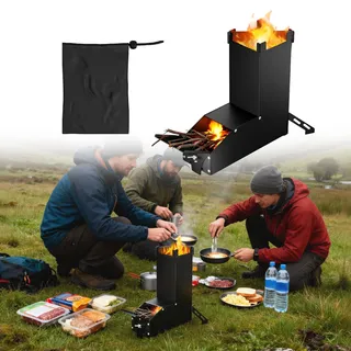 UISEBRT Raketenofen aus dickem Stahl,Tragbar Rocket Stove Stecksystem,Holzofen Campingkocher Campingofen Pelletofen Outdoor für Dutch Oven BBQ Terrasse Wandern Küche Picknick,Schwarz
