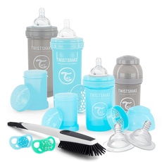 Twistshake Neugeborenes Anti-Kolik-Babyflaschen-Set mit Milchpulverbehälter und Mixer - 9-Teilig | 4 x Milchfläschchen - 2 x Schnuller - 2 x Sauger - 1 x Flaschenbürste | BPA-Freie | 0m+ | Blau Grau