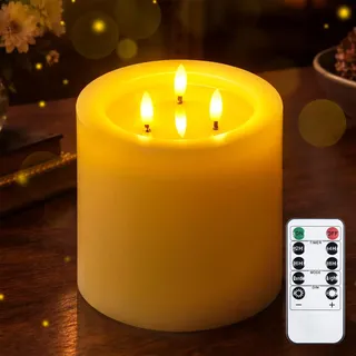 Yeelida 3-Docht 15x15cm große flammenlose LED-Kerze mit Fernbedienung und Timer-Funktion, Elfenbein batteriebetriebene Säule flackernde Echtwachs-3D-Docht-Kerze