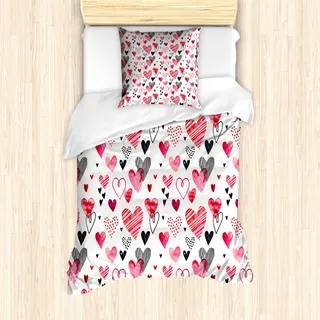 ABAKUHAUS Valentines Mantele, Doodle Herz Design, Milbensicher Allergiker geeignet mit Kissenbezügen, 135 cm x 200 cm - 80 x 80 cm, Schwarz Rot Rosa - Rosa