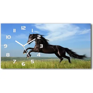 Wanduhr aus Glas – 60x30 cm - Glasbild - Glasuhr - Gehärtetes Glas - weisse-zeiger - Schwarzes Pferd auf der Wiese