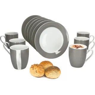 MamboCat Variant Grau 12tlg Frühstücksset I Je 6X kleine Teller & Kaffeebecher 350ml, Höhe 10,3cm für 6 Personen I Tasse, Kuchenteller I Porzellan-Geschirr für Frühstücks- & Kaffeezeit
