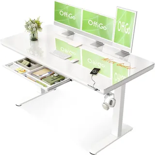Höhenverstellbarer Schreibtisch Glas 140x60 cm Elektrisch mit Schublade USB-C Weiß - Weiß
