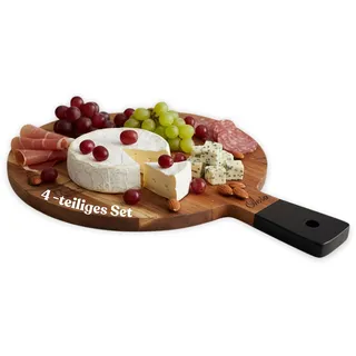 OLEIO 4-teiliges Frühstücksbrett Set 20 cm aus Akazienholz mit Griff | Rundes Schneide- und Servierbrett mit Aufhängeloch und Bon-appétit-Gravur, ideal für Frühstück, Brot, Käse, Obst und Snacks