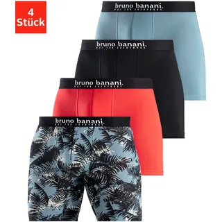Langer Boxer BRUNO BANANI, Herren, Gr. L (6), 4 Stk., bunt (grau bedruckt, rot, grau, schwarz), Jersey, Obermaterial: 92% Baumwolle, 8% Elasthan, bedruckt, unifarben, Unterhosen Langer Boxer, mit Palmendruck und unifarben aus Baumwollmischung