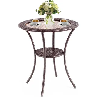 COSTWAY Bistrotisch Rattan mit Ablage und Glasplatte, Beistelltisch, Gartentisch Esstisch Garten, Glastisch für Innen- & Außenbereich, 64x64x72cm - Braun