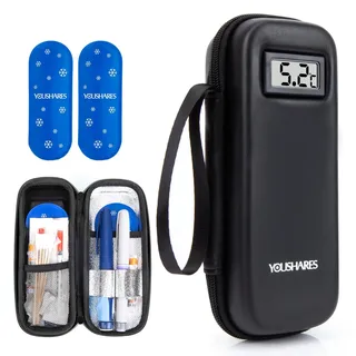 YOUSHARES Insulin Pen Tasche mit 2 TSA Kühlakku, Insulin Kühltasche mit Temperaturanzeige, Klein Isoliertasche Kühlbox Mini Etui Tasche für Spritzen, Ozempic, Wegovy & Medikamentenzubehör (Schwarz)
