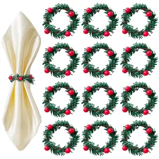 Weihnachten Serviettenringe Rote Beeren Serviettenhalterring Miniatur Serviettenschnalle Dekokranz Napkin Rings für Christmas Hochzeitsfeiern Party Abendessen Tischdekoration 12 Stück