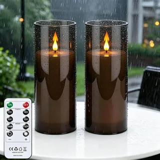 YAOBLUESEA 2 Stück Wasserdichte Flammenlose LED Kerzen mit Fernbedienung und Timer, Große Flackernde LED-Kerzen für Patio Garten Außenbreich für Halloween Weihnachten, φ10cm x 22.5cm, Grau