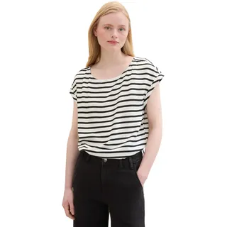 TOM TAILOR Denim Damen Basic Blusen-Top mit Cut-Out Detail, White Black Stripe, XL