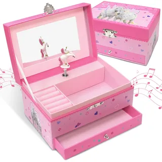 Pferd Schmuckkästchen Mädchen, Schmuckschatulle mit Musik Spieluhr Geschenk | Schmuckkasten Mädchen mit Drehendem Einhorn & Schublade 18x12x10 cm Schmuckkästchen Pferde Mädchen Geschenk für Alter 3-10