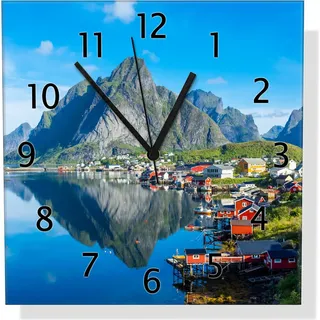 Wallario Design Wanduhr Skandinavisches Bergpanorama aus Echtglas, Größe 30 x 30 cm - Blau