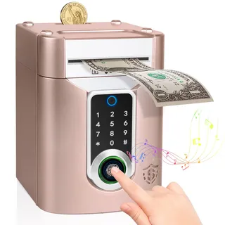 Highttoy Spardose Kinder ab 3 Jahre, Elektronische Spardose Mädchen mit Touchscreen und Fingerabdruck, Geldautomat Sparbox Sparschwein Tresor Kinder Geschenk Mädchen 3-12 Jahre, Roségold