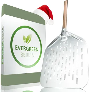 EVERGREEN BERLIN® - Pizzaschieber - DAS ORIGINAL - Pizzaschieber perforiert - Pizzaheber aus Alu und Buchenholz - Pizzaschaufel perforiert für Pizza Passion - Pizzawender - Pizza Schieber - Pizza Peel