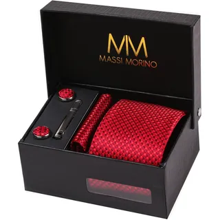 Massi Morino Krawatte "Massi Morino Krawatten-Set" mit Einstecktuch, Manschettenknöpfen und Krawattenklammer, rot kariert