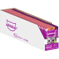 Whiskas 1+ Katzenfutter Geflügel in Sauce, 28x85g (1 Packung) – Hochwertiges Nassfutter für ausgewachsene Katzen in 28 Portionsbeuteln