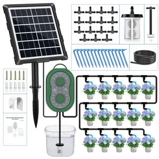Solar Bewässerungssystem für 15 Pflanzen, Automatisches Tropfbewässerungssystem mit 132 Modi & 15 m Schlauch, Ideal für Balkon, Garten, Hochbeet & Gewächshaus
