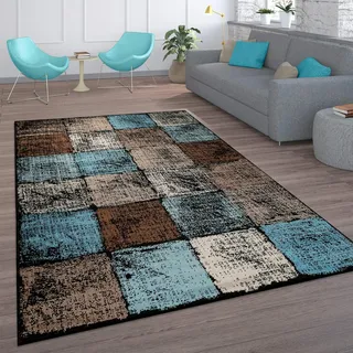 Paco Home Teppich Wohnzimmer Vintage Kurzflor Orientalisch Modern Rautenmuster Geometrisches Design Braun Türkis, Grösse:80x150 cm, Farbe:Braun