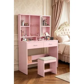 JUMMICO Schminktisch mit LED Beleuchtung Spiegel, Verstellbar Helligkeitsgeregeltem, Frisiertisch mit 2 Schubladen, Verstellbaren Regalen, Schmuckablage, Modernem Stil (Rosa Schminktisch+Hocker)
