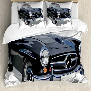 ABAKUHAUS Autos Bettbezug, Klassisches Retro Fahrzeug, Milbensicher Allergiker geeignet mit Kissenbezügen, 155 cm x 220 cm - 80 x 80 cm, Schwarz Pale Grau Weiß - Weiß