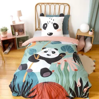 sweeek - Wendebettwäsche aus Mikrofaser mit Panda-Druck, 1 Platz, 140 x 200 cm - Rosa, Grün