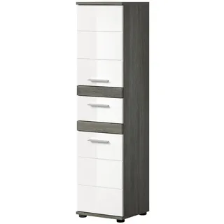 inn.furn Badezimmer, Midischrank "Bailey" weiß Hochglanz, und grau Badschrank 35 x 137 cm, - Weiß, Grau