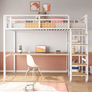 Ball & Cast Loft Bed (90x200cm) mit Tisch und Regalen, Metall-Hochbett mit Sicherheitsleiter, Stabil & Rauschlos, Weiß