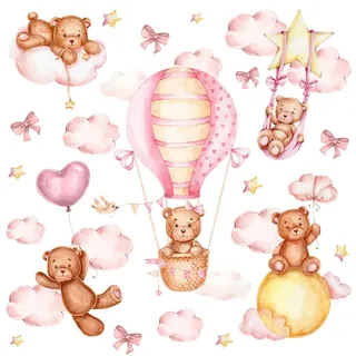 Muralo Wandsticker Teddybären rosa Wolken Sterne Ballons 60x30 , Rosa, Gelb, Braun, Beige , Papier , Rechteckig , 60x30x1 cm , Tapeten & Wandverkleidungen, Wandtattoos & Sticker, Wandtattoos
