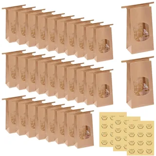 30 Stück Papiertüten mit Fenster, Kraftpapier Tüten Brottüten Papier Braune Kraftpapier Tüten Kraftpapiertüten Geschenktüten mit Aufkleber Backbeutel Kleine Brottüte für Süßigkeiten Keks Partys