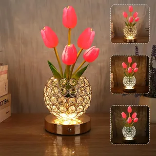 OKSANO Geburtstagsgeschenke für Frauen Akku Tischlampe, 3-Farbe Kristall Blume Nachttischlampen unendlich Dimmen mit USB-Ladung kleines Nachtlicht, Nachttisch Lampe Touch Lampe für Schlafzimmer (Rot)