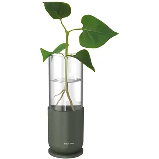 Fiskars Urban Plant Care Anzuchtglas für Stecklinge, Höhe 16,5 cm, Hochwertiges Glas und Stabiler Metallständer, Olivgrün, 1080911