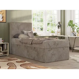 MKS MEBLE Jugendbett TILIO, Einzelbett mit Stauraum, Cordstoff, Boxspringbett 90x200 mit 7-Zonen-Taschenfederkern H4 - Hellbraun Cord - Links Seite - Hellbraun