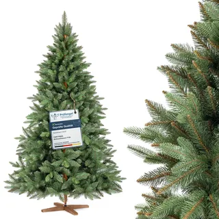 FAIRYTREES Weihnachtsbaum künstlich, Nordmanntanne Premium 180 cm, Naturgetreue Spritzguss Elemente, Made in EU, Künstlicher Weihnachtsbaum mit handgefertigtem Ständer aus Eschenholz