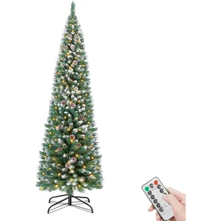 Rollingsurfer Vorbeleuchteter Kunst-Weihnachtsbaum 180CM, Bereifter Schmaler Bleistift-Weihnachtsbaum-Dekoration mit 250 Warmweißen Lichtern, 8 Beleuchtungsmodi, 700 Bereiften Spitzen, 34 Tannenzapfen