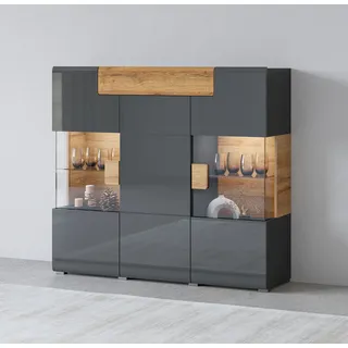 INOSIGN Highboard »Toledo,Breite 147,5cm,trendige Hochkommode mit 3Türen und Schublade«, Hochschrank mit Glas-Partien,stylische Hochglanzfronten schwarz