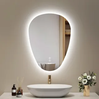 EMKE Badspiegel mit Beleuchtung 70 x 50 cm Asymmetrischer Spiegel mit Touch, 3 Lichtfarben Dimmbar, Beschlagfrei, Badezimmerspiegel mit Beleuchtung IP44 Energiesparend LED Badspiegel