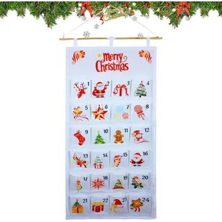 Adventskalender mit Taschen, 24-tägiger, befüllbarer Aufbewahrungsbeutel für Weihnachtsdekorationen zu Hause, weiss - Weiß