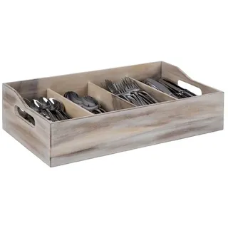 APS 11951 Besteckbehälter, 51 x 28 cm, Höhe 13 cm, Akazienholz Vintage White, 4 Fächer je 26 x 11,5 cm