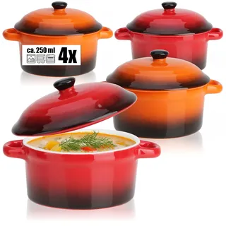 com-four® 4x Auflaufform mit Deckel aus Keramik - Dessertschale für z.B. Ragout fin in orange und rot, 250/175 ml je Form (4 Stück - orange. rot)
