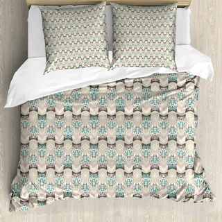 ABAKUHAUS Eulen Bettbezug, Einheimische Geometric Zigzag, Milbensicher Allergiker geeignet mit Kissenbezügen, 155 cm x 220 cm - 80 x 80 cm, Tan Türkis Hellrosa - Braun