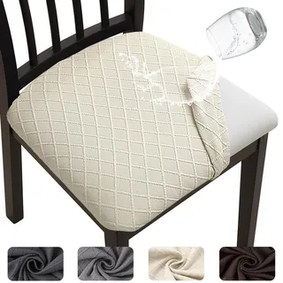 Meision Esszimmerstuhl Sitzbezüge TPU-Laminierung Wasserdicht 4er Set, Stretch Stuhlhussen Abnehmbare Waschbar, Esszimmerstuhl Sitzkissen Hussen für Küche, Esszimmer, Hotel, Hochzeit, Beige