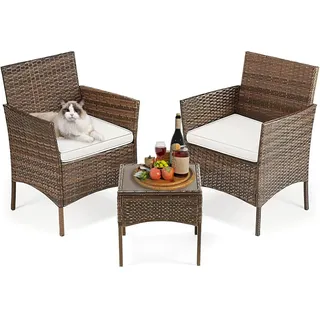 SURFOU Balkonmöbel Set 3 Stück,Gartenmöbel mit Glastisch,Geflecht Rattan Terrassenstühle für Garten,Terrasse,Veranda,Rasen,Braun