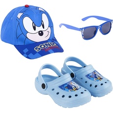 Sonic The Hedgehog Clogs Sonnenbrille und Hut für Jungen, Leichte Sandalen, Sonic Design Sommersandalen, UV-Schutz für Kinder, Größe EU 30/31 | Blau