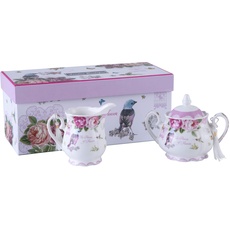 London Boutique Porzellan-Teekannen Set, Teekanne, Zuckerdose und Milchkännchen, Shabby-Chic-Stil, Vintage-Blumenmuster, in Geschenkbox,Zucker-Set (Vogel, Rosa, Schmetterling)