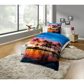 Kinzler Bio Baumwoll Renforce Bettwäsche Palmen bunt 135 x 200 cm + 2 x 80 x 80 cm