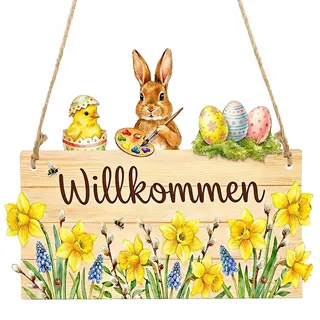 Osterdeko Frühlingsdeko Türschild Frohe Ostern Türschild Willkommen aus Holz, Holz Dekoschild für Osternest, mit Osterhase Ostereier für Frühling Ostern Deko Wohnzimmer Garten Haustür Eingang